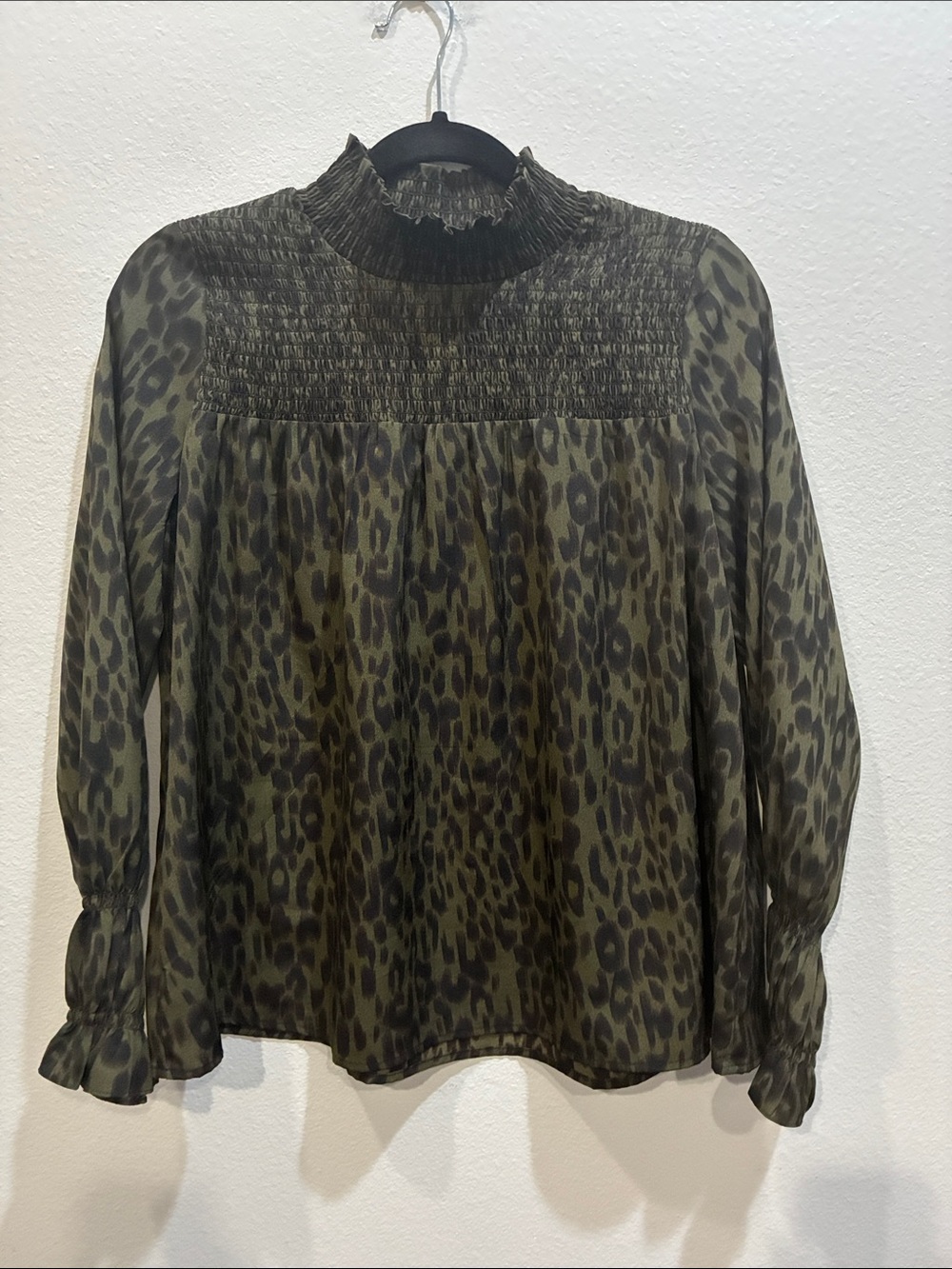 THML Olive Green Leopard Smocked Yoke Blouse